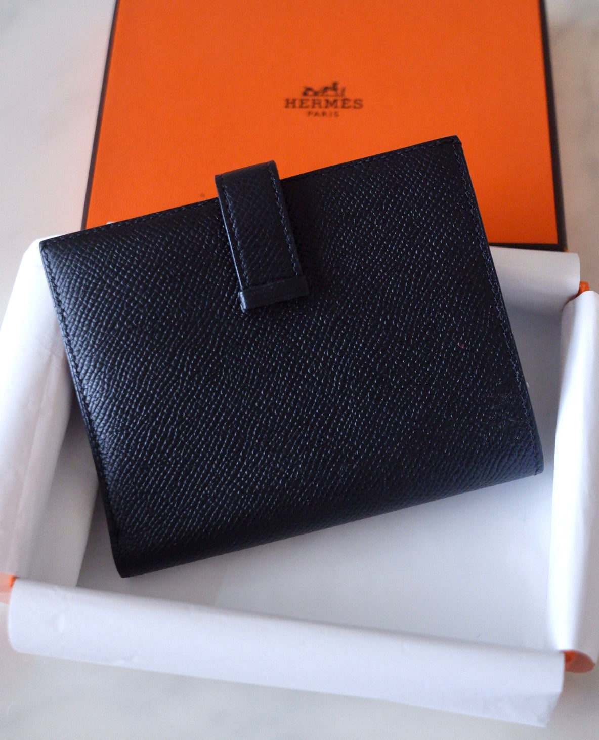 HERMES Bearn Compact Wallet Epsom Black Noir Palladium Hardware C Stamp