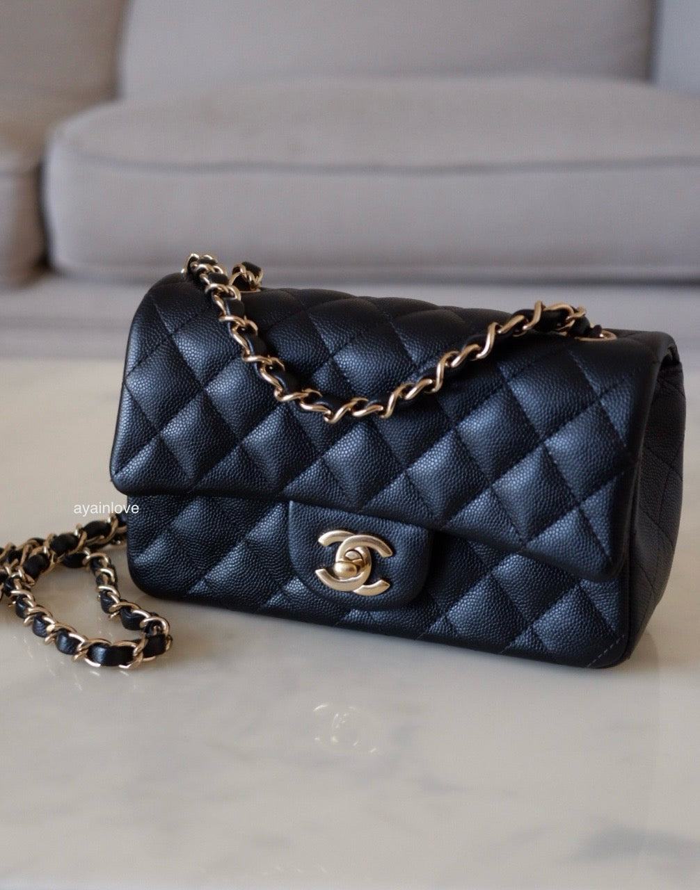 CHANEL 18B Black Caviar Quilted Rectangular Mini Flap Bag Light Gold Hardware