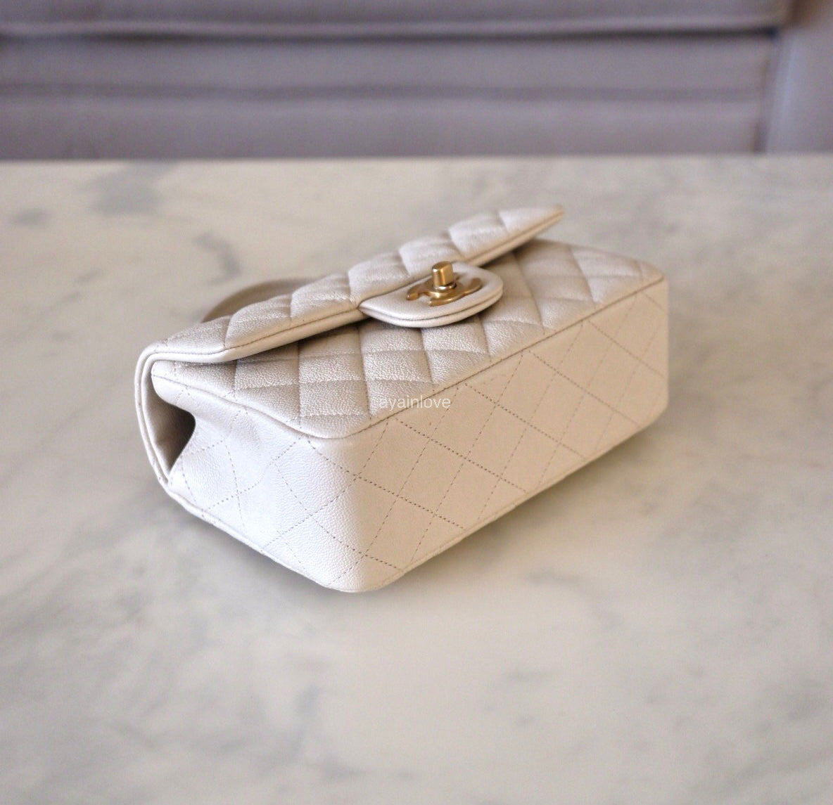 CHANEL 21S Light Beige Caviar Top Handle Rectangular Mini Bag Gold Hardware