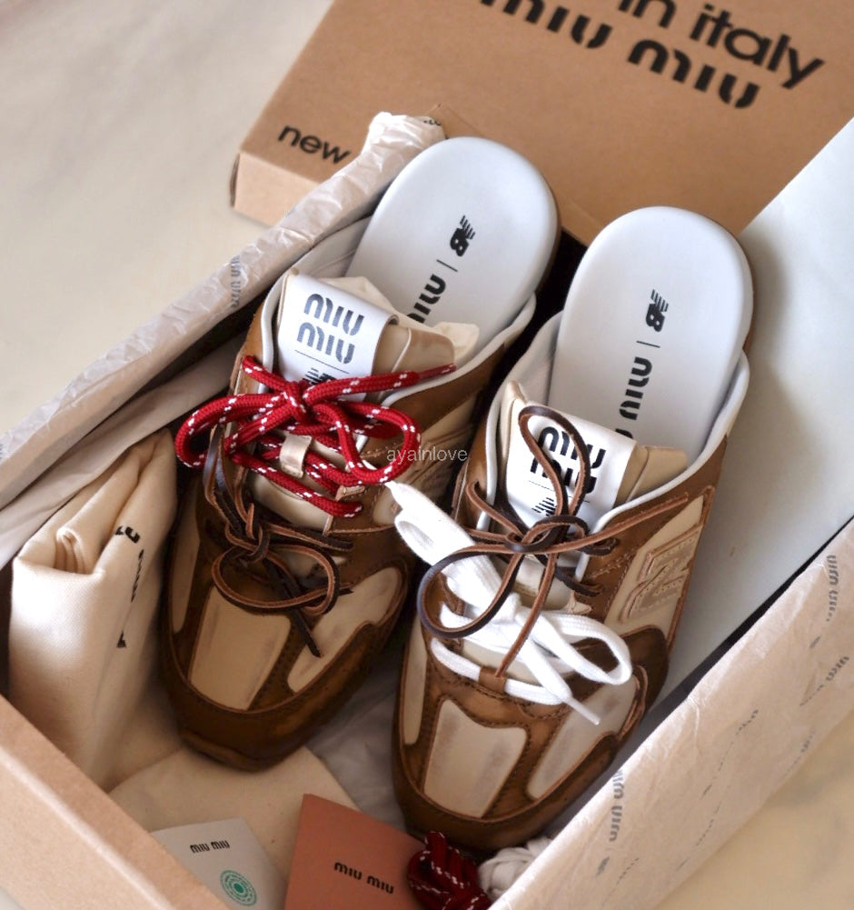 Miu Miu x New Balance 530 SL Brown Cinnamon Bleached Calfskin Mules Loafers Shoes Size 38 EU