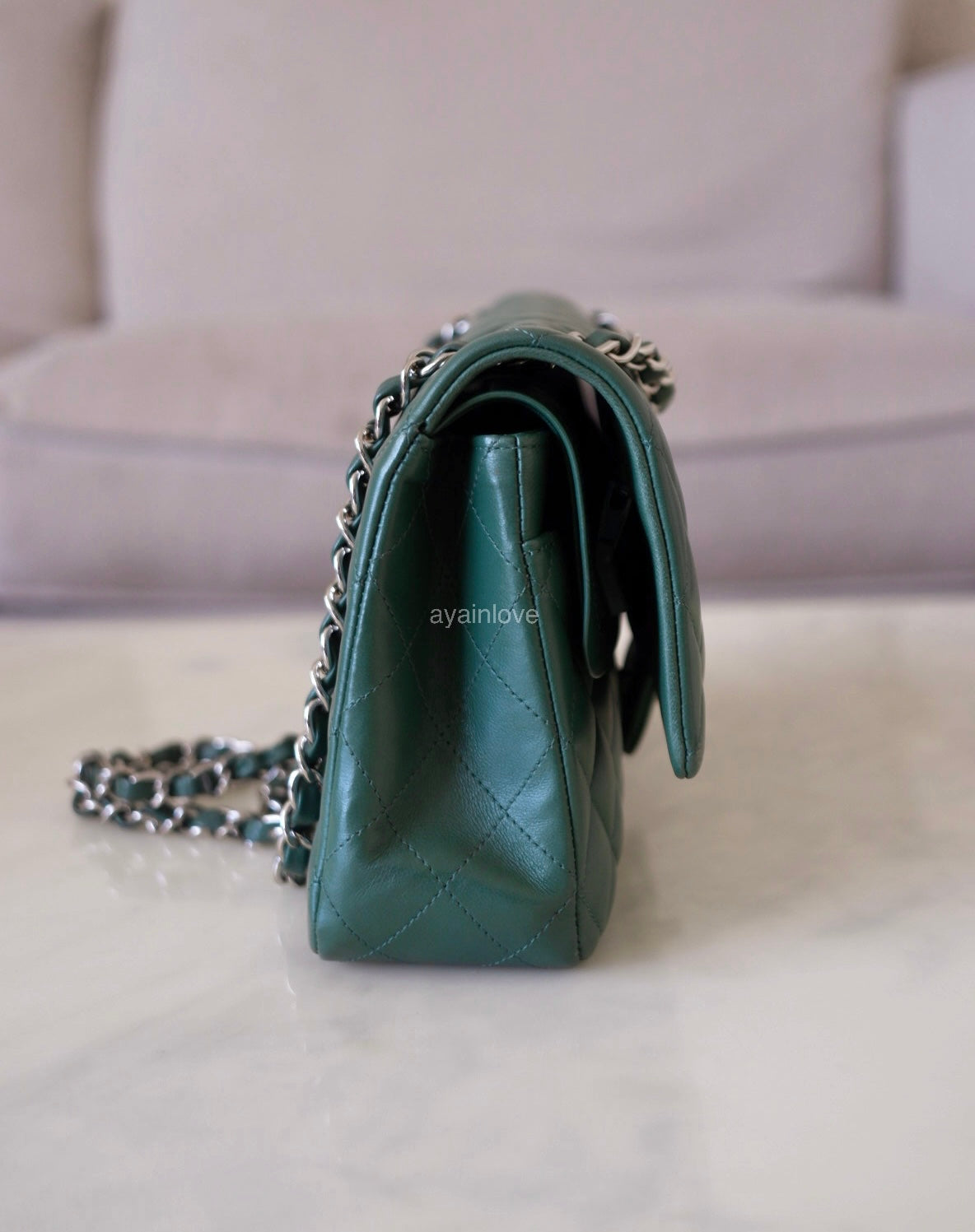 CHANEL Dark Green Lambskin Medium/Large Classic Flap Silver Hardware