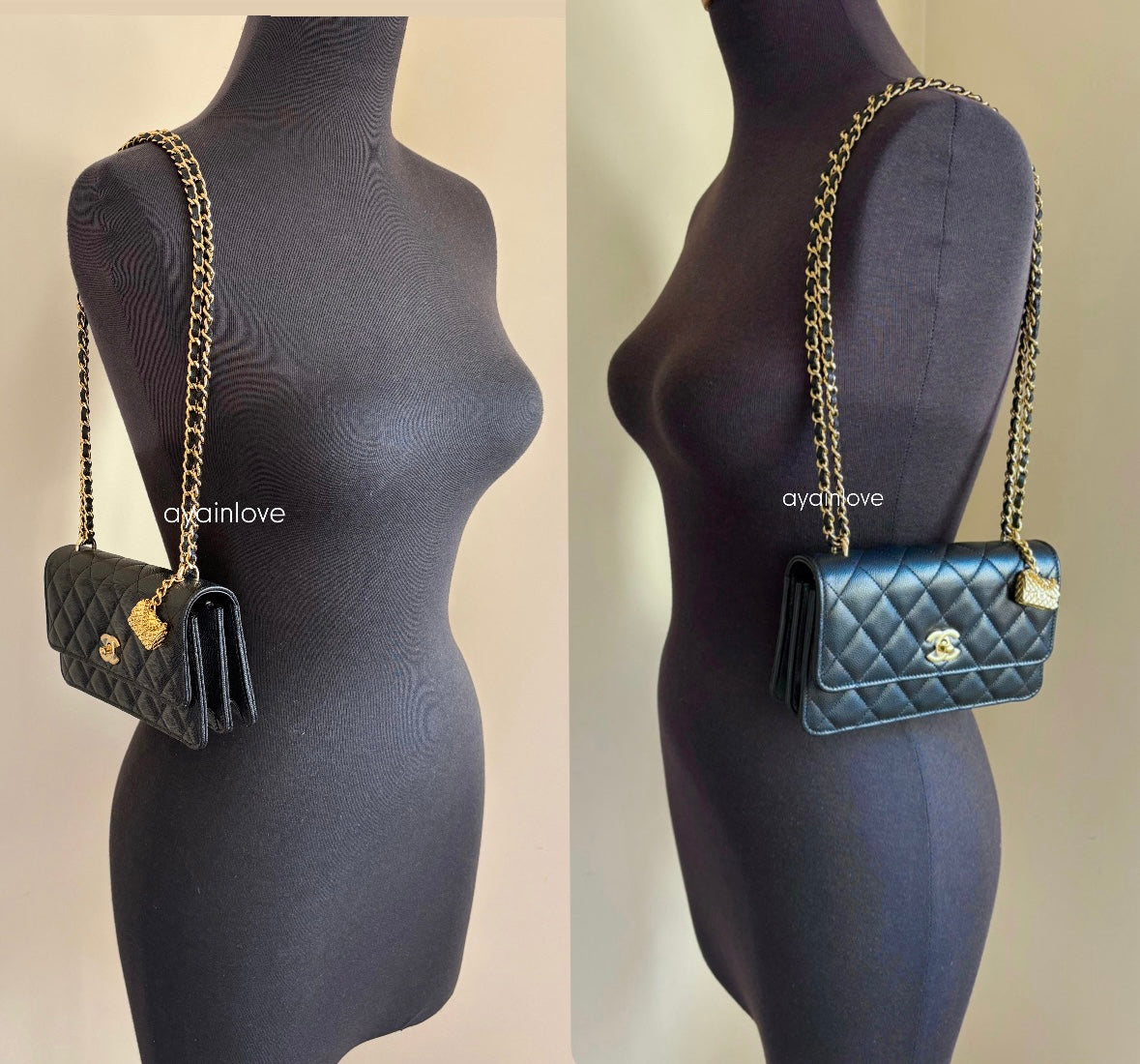 CHANEL 23S Black Caviar Wallet on Chain with Bag Charm Gold Hardware