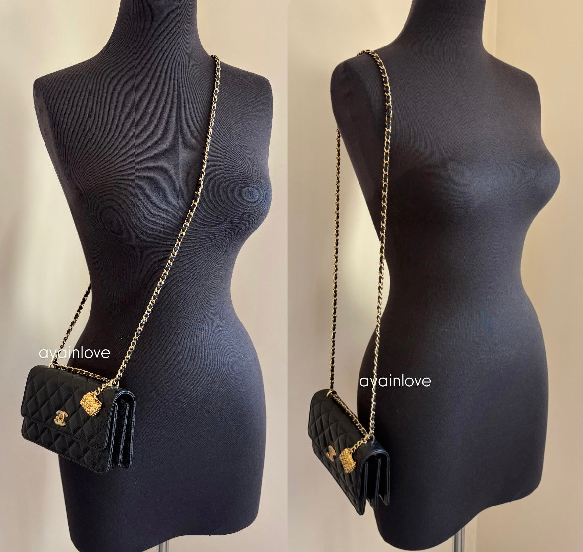 CHANEL 23S Black Caviar Wallet on Chain with Bag Charm Gold Hardware
