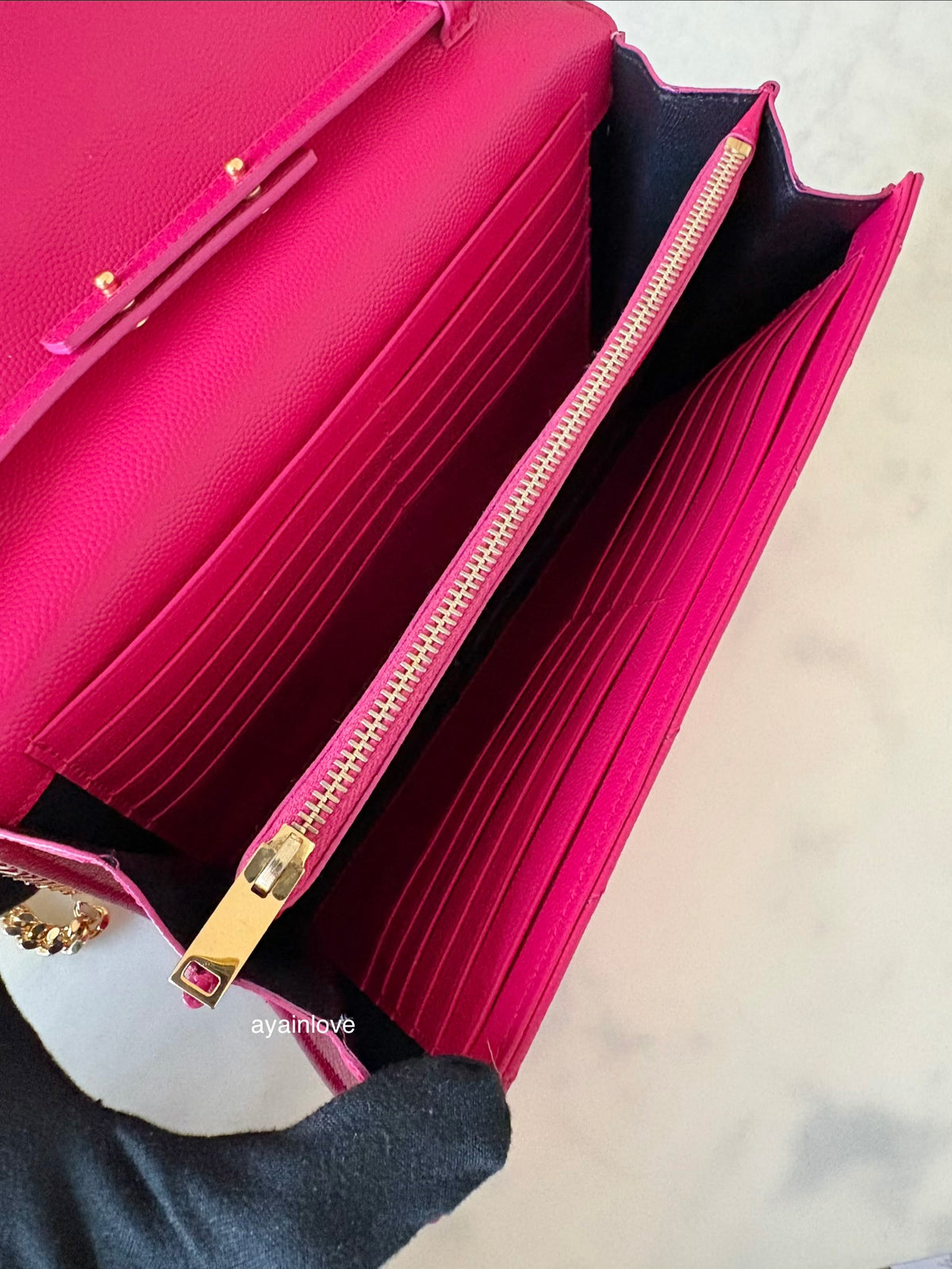 Yves Saint Laurent YSL Classic Cassandre Fuchsia Chevron Quilting Wallet on Chain Gold Hardware