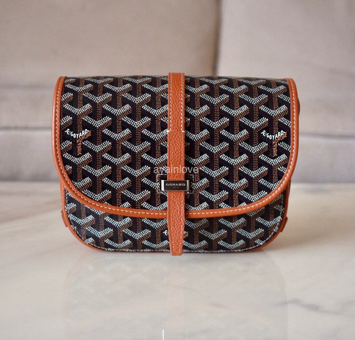GOYARD Belvedere PM Goyardline Canvas/Calfskin Tan Black Messenger Bag Silver Hardware