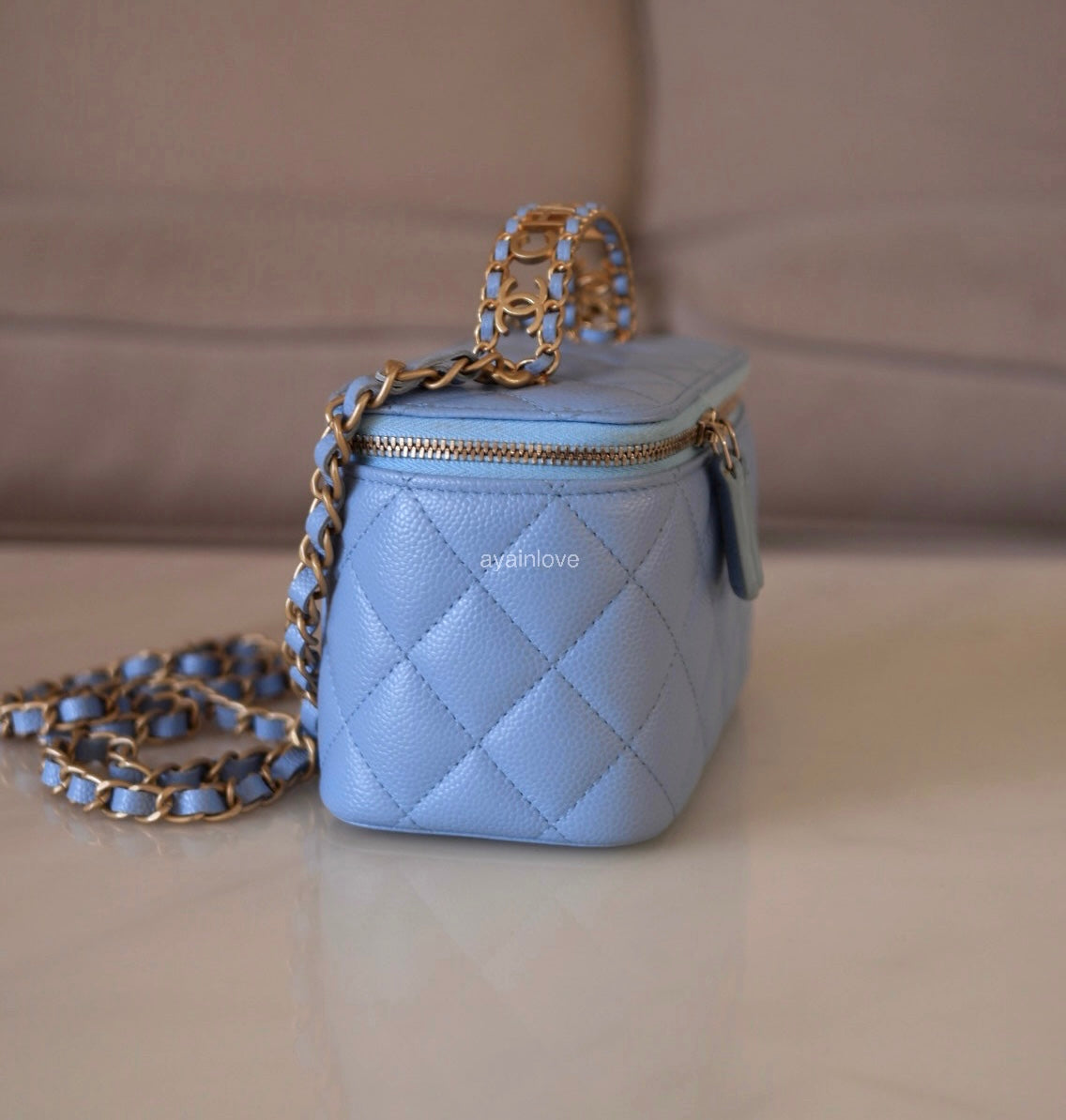 CHANEL 22S Pick Me Up Blue Caviar Top Handle Script Vanity Gold Hardware
