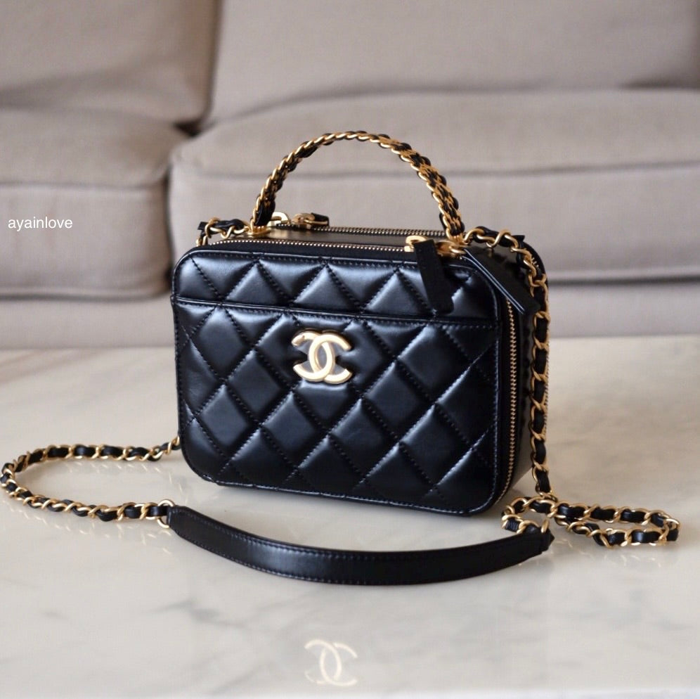 CHANEL 23S Black Lambskin Pick Me Up Quilted Vanity Case Camera Bag Gold Hardware