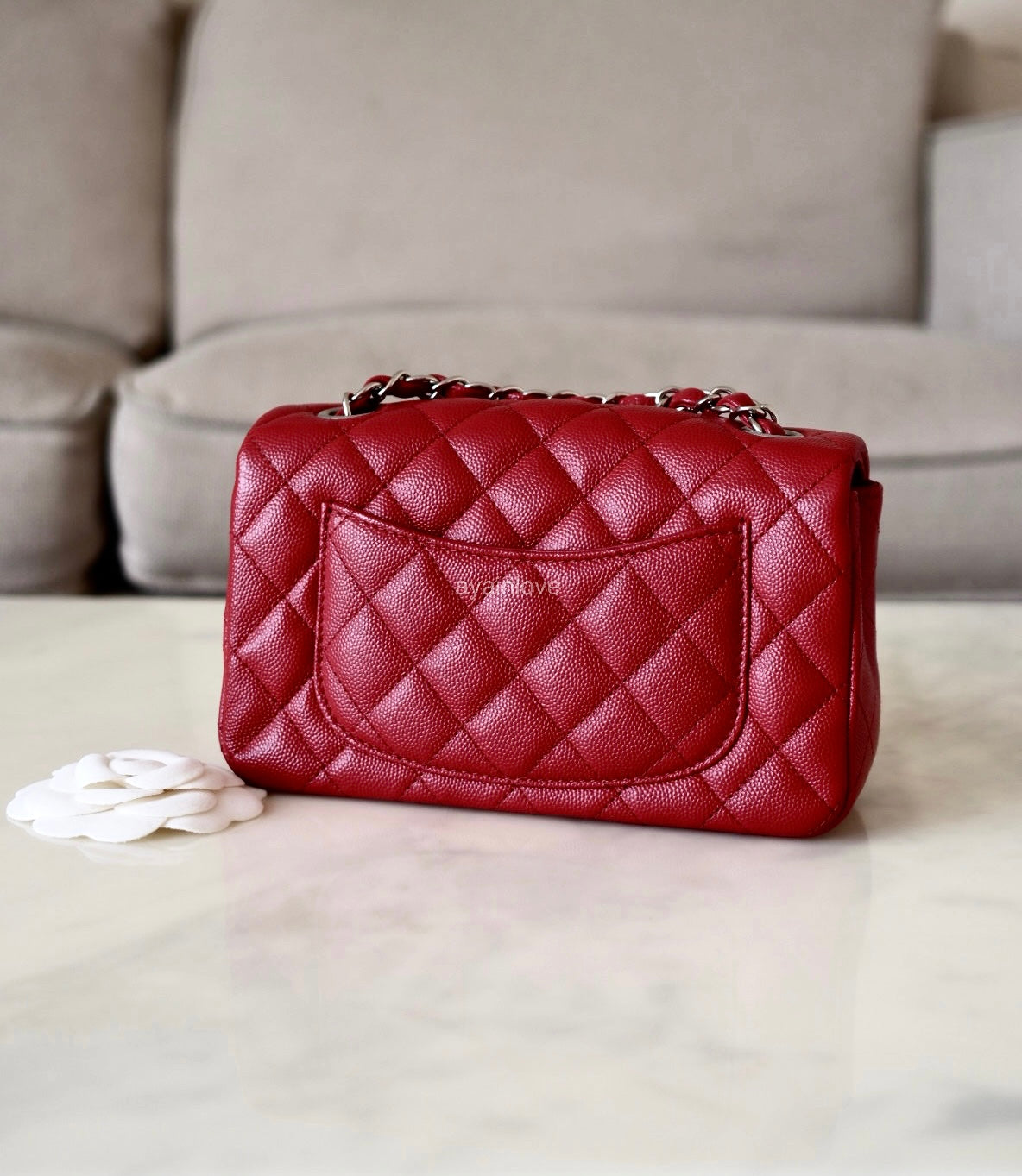 CHANEL 17B Red Caviar Quilted Classic Rectangular Mini Silver Hardware