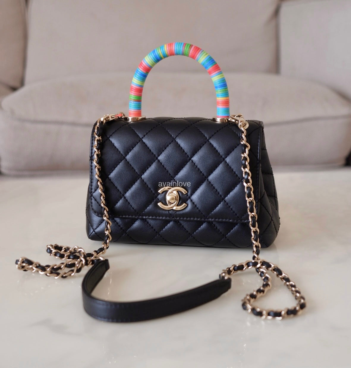 CHANEL Black Goatskin Coco Rainbow Handle Extra Mini 19cm Bag Light Gold Hardware