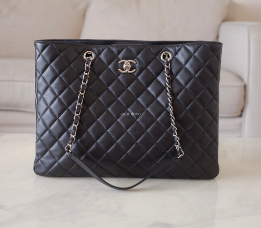 CHANEL Black Quilted Calfskin Tote Bag Classic CC Lock Silver Hardware