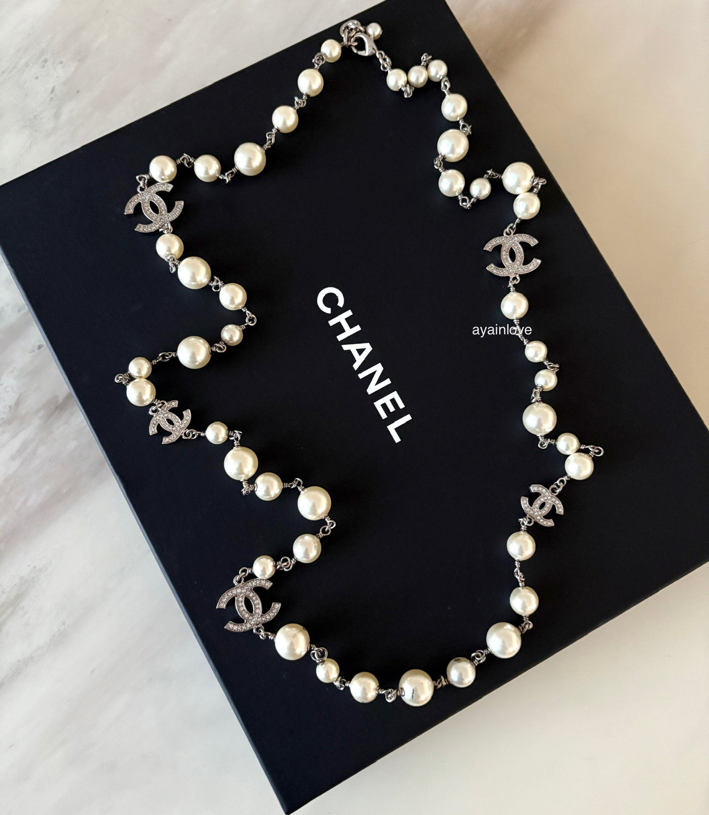 CHANEL 18V Classic Pearl CC Long Necklace Silver Hardware
