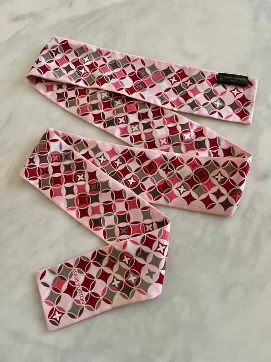 LOUIS VUITTON LV Pink Red Silk Twilly Bandeau Scarf
