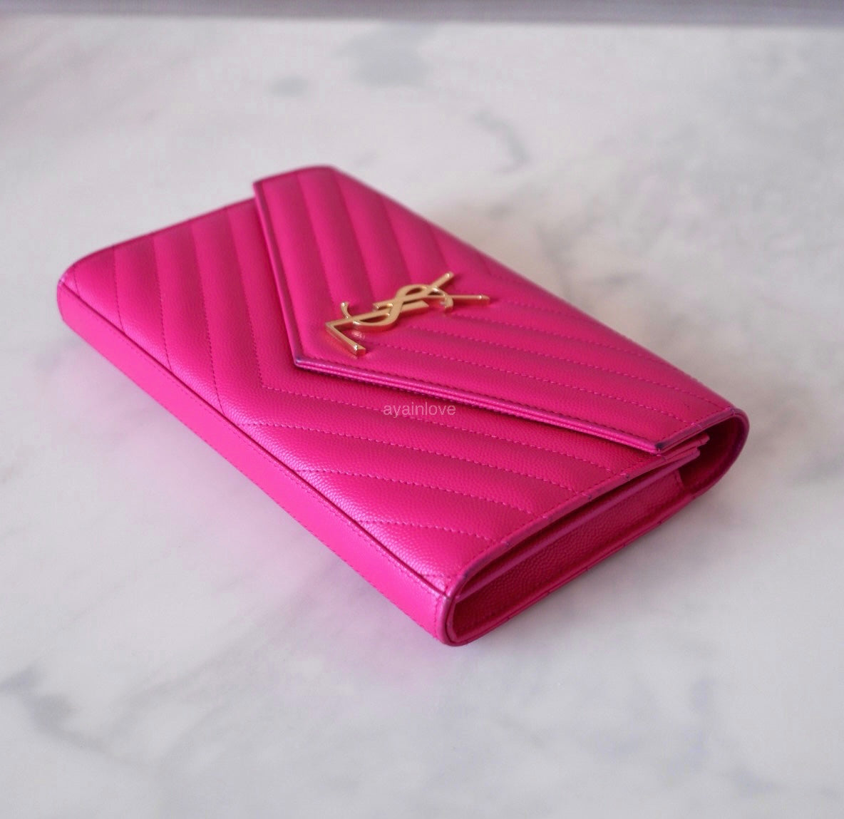 Yves Saint Laurent YSL Classic Cassandre Fuchsia Chevron Quilting Wallet on Chain Gold Hardware