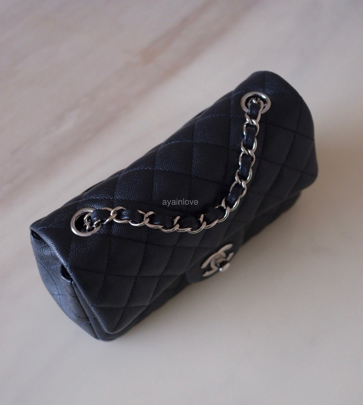 CHANEL 18B Navy Blue Caviar Quilted Rectangular Mini Flap Bag Silver Hardware