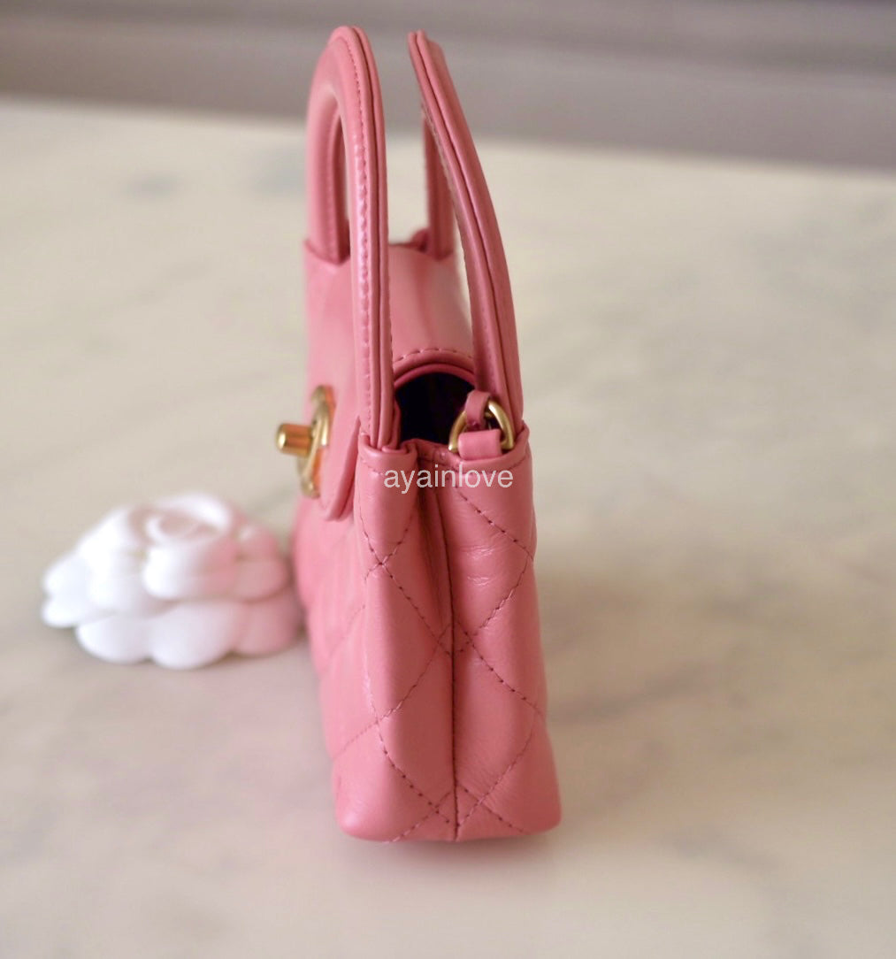 CHANEL 23K Pink Shiny Calf Skin Micro Shopping Bag Kelly Clutch on