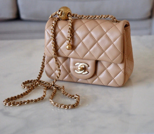 CHANEL 23K Beige Lamb Skin Pearl Crush Square Mini Flap Bag Microchipped Gold Hardware