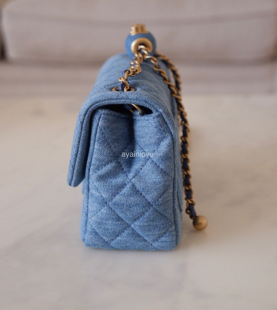 CHANEL 22C Blue Denim Pearl Crush Square Mini Flap Bag Gold Hardware