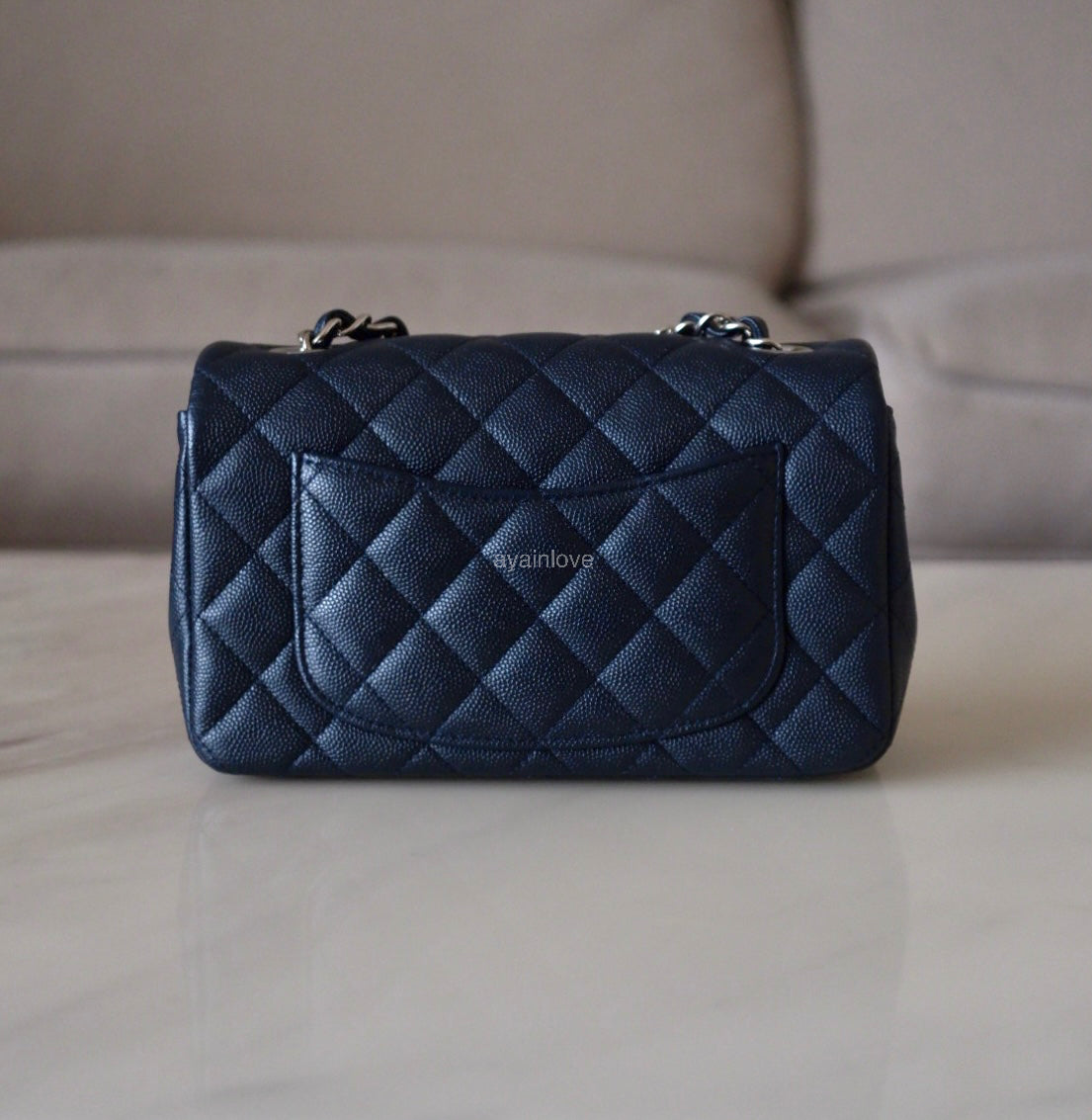 CHANEL 18B Navy Blue Caviar Quilted Rectangular Mini Flap Bag Silver Hardware