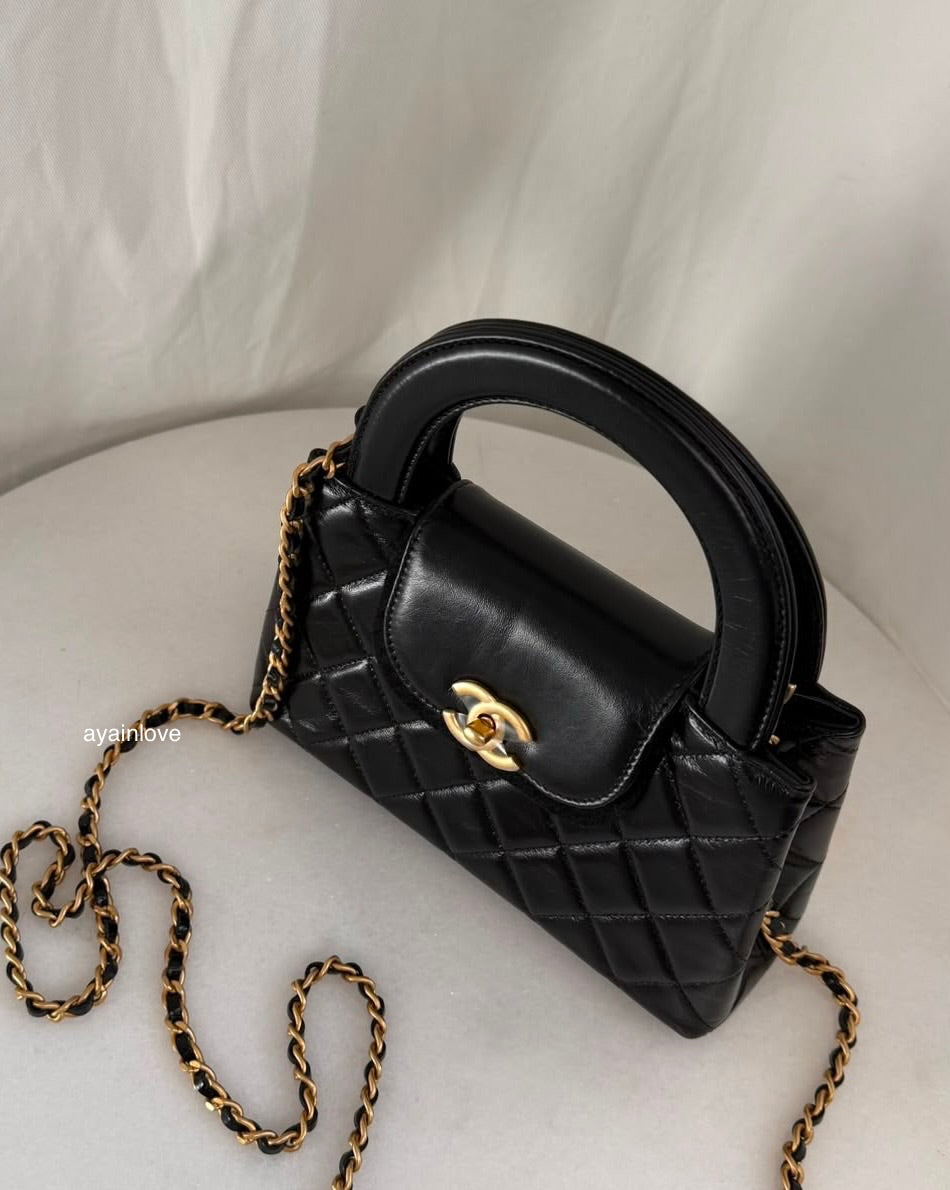 CHANEL Black Calfskin Mini Kelly 19cm Shopping Bag Gold Hardware