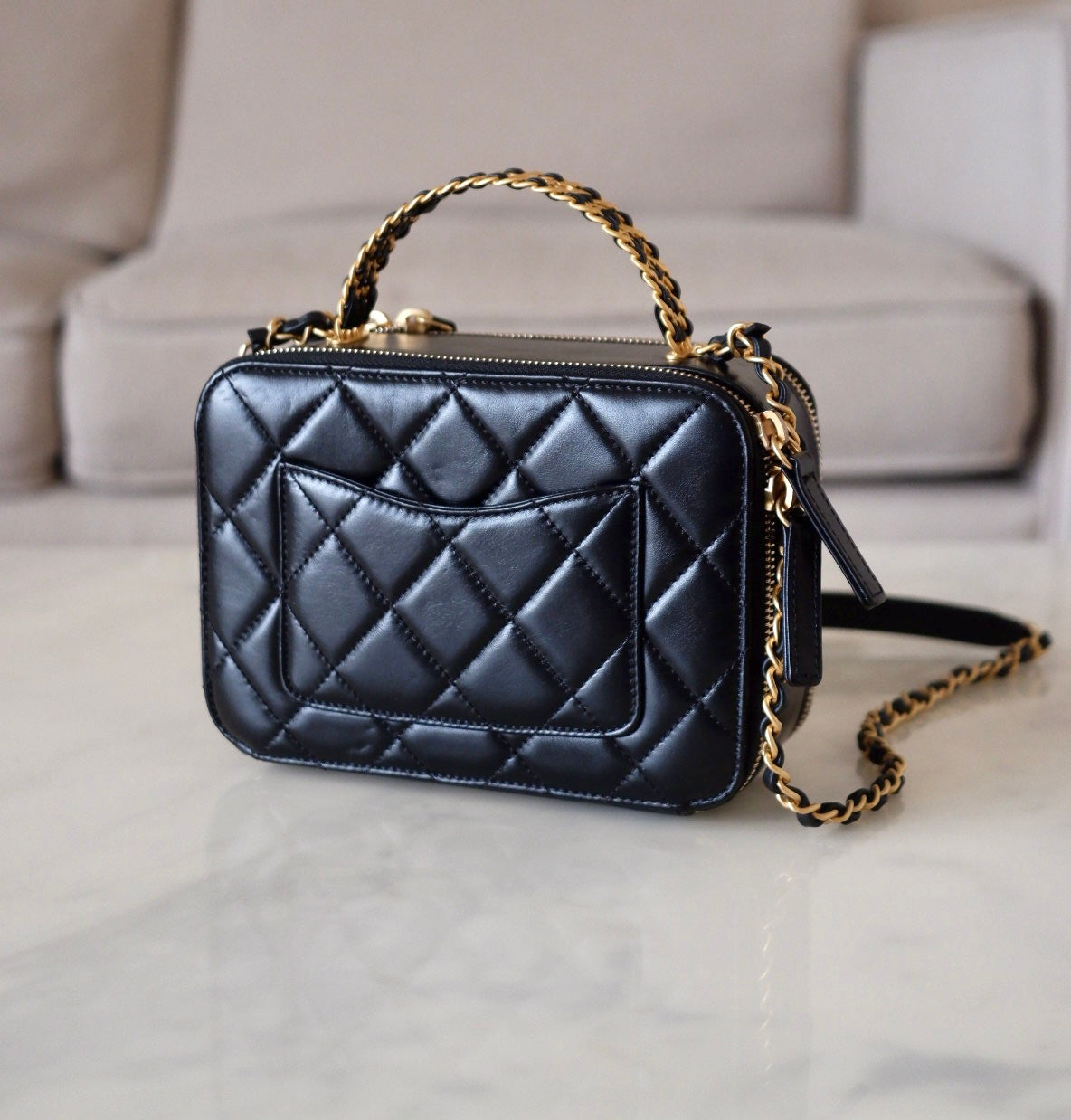 CHANEL 23S Black Lambskin Pick Me Up Quilted Vanity Case Camera Bag Gold Hardware