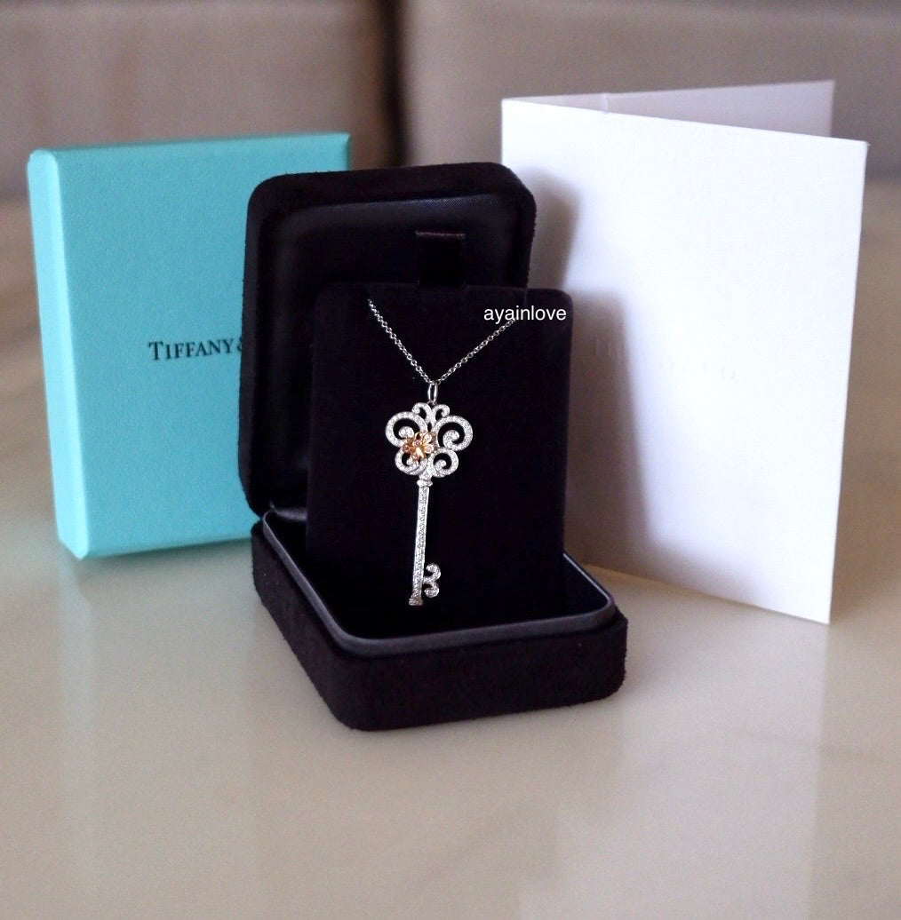 TIFFANY & CO Enchant Butterfly Key Pendant Necklace 950 Platinum White Diamonds and 18KT Rose Gold Pink Diamonds