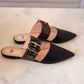 FENDI Vitello Maya Black FF Embossed Monogram Buckle Flat Slides Mules Size 38