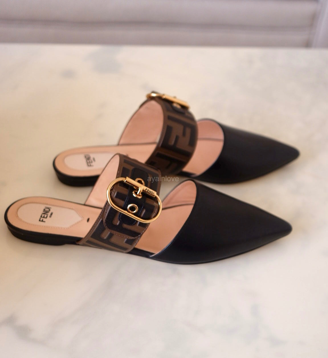 FENDI Vitello Maya Black FF Embossed Monogram Buckle Flat Slides Mules Size 38