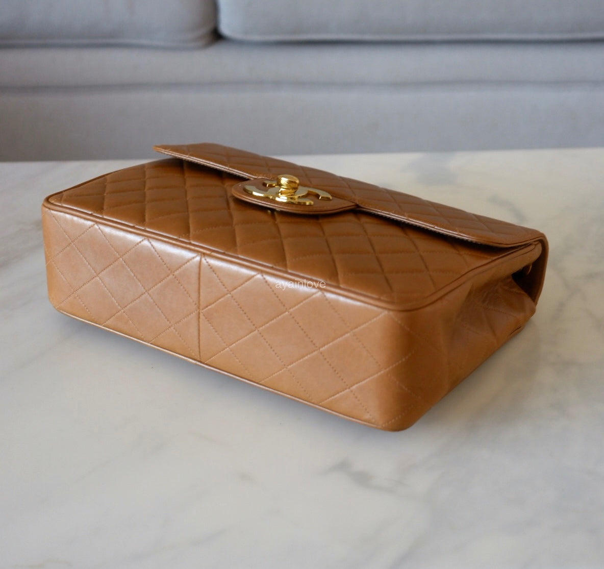 CHANEL Vintage Dark Beige Quilted Jumbo Classic Single Flap Oversized CC Bag 24KT Gold Plated Hardware Series 3