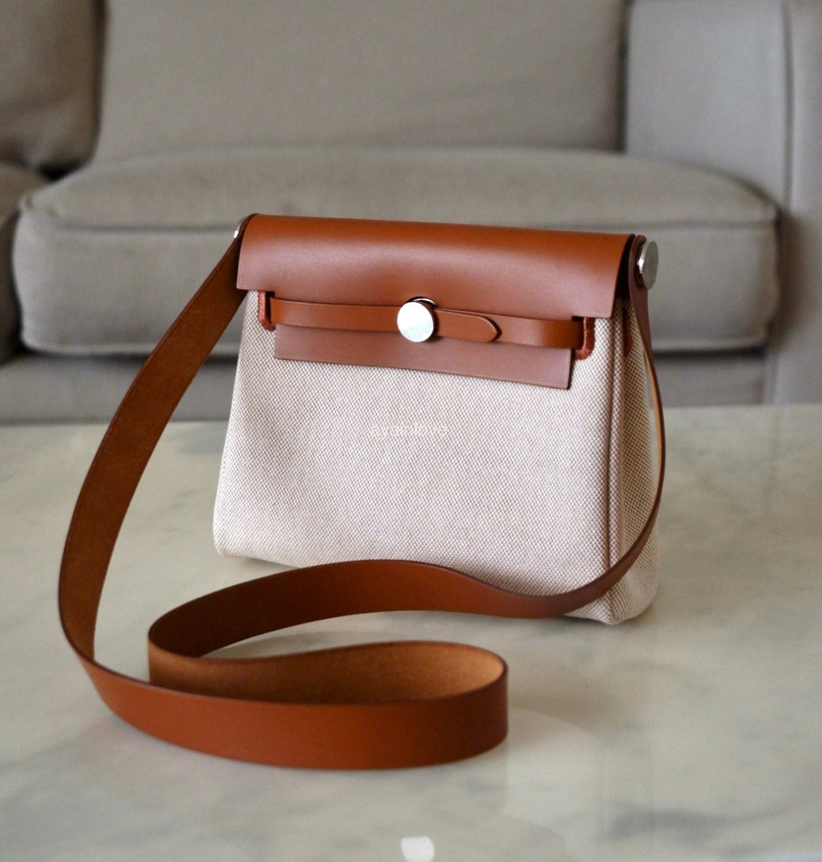 HERMES Herbag Mini Zip 20 Vache Hunter Ecru Beige/Fauve Palladium Hardware W Stamp