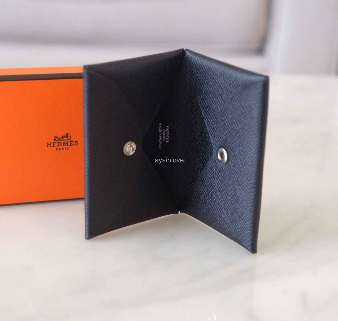 HERMES Calvi Black Noir Epsom Card Holder Palladium Hardware