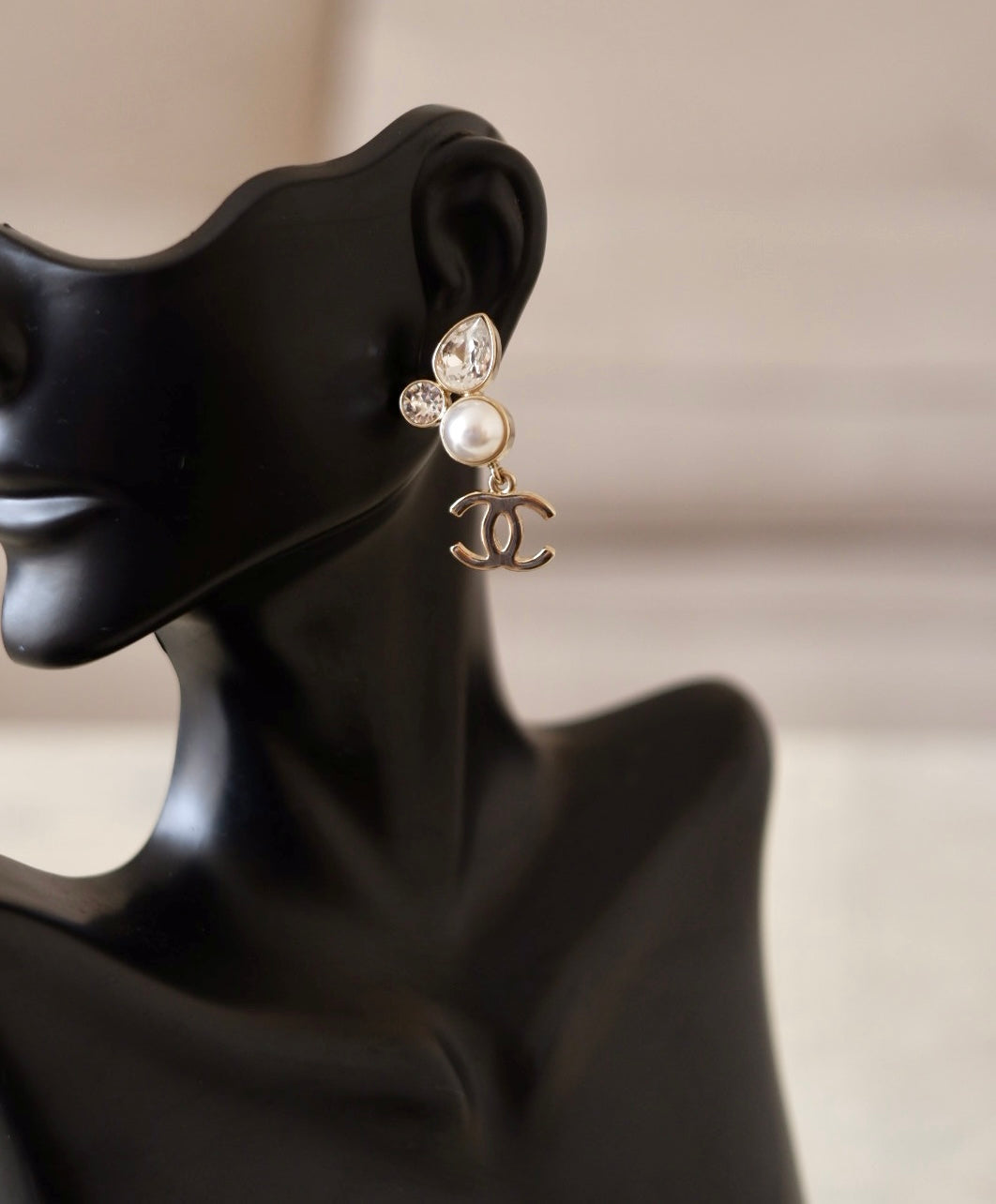 CHANEL 22C CC Crystal Drop Earrings Light Gold Hardware