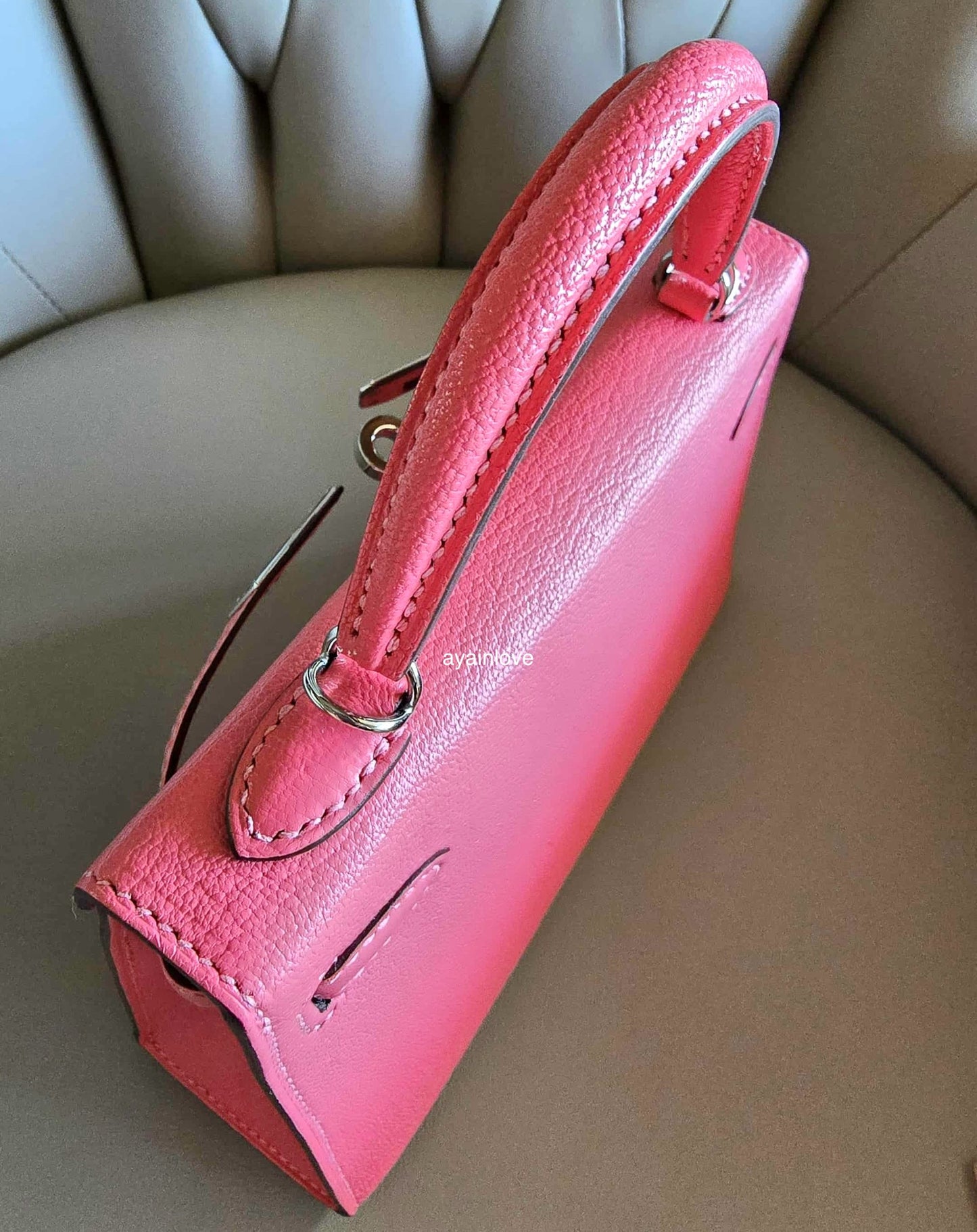 HERMES Mini Kelly 20 Pink Rose Lipstick Chèvre Mysore Palladium Hardware D Stamp