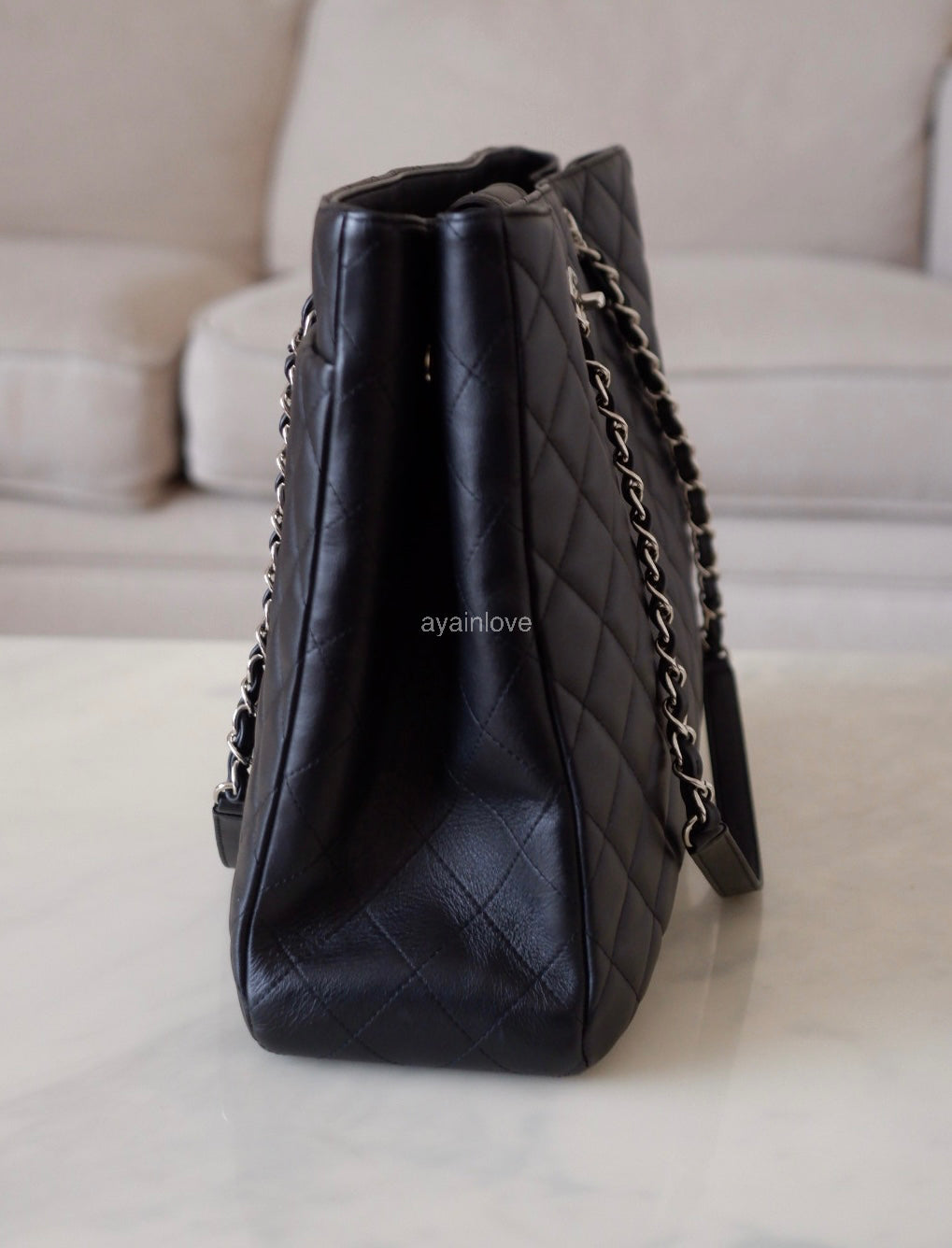 CHANEL Black Quilted Calfskin Tote Bag Classic CC Lock Silver Hardware