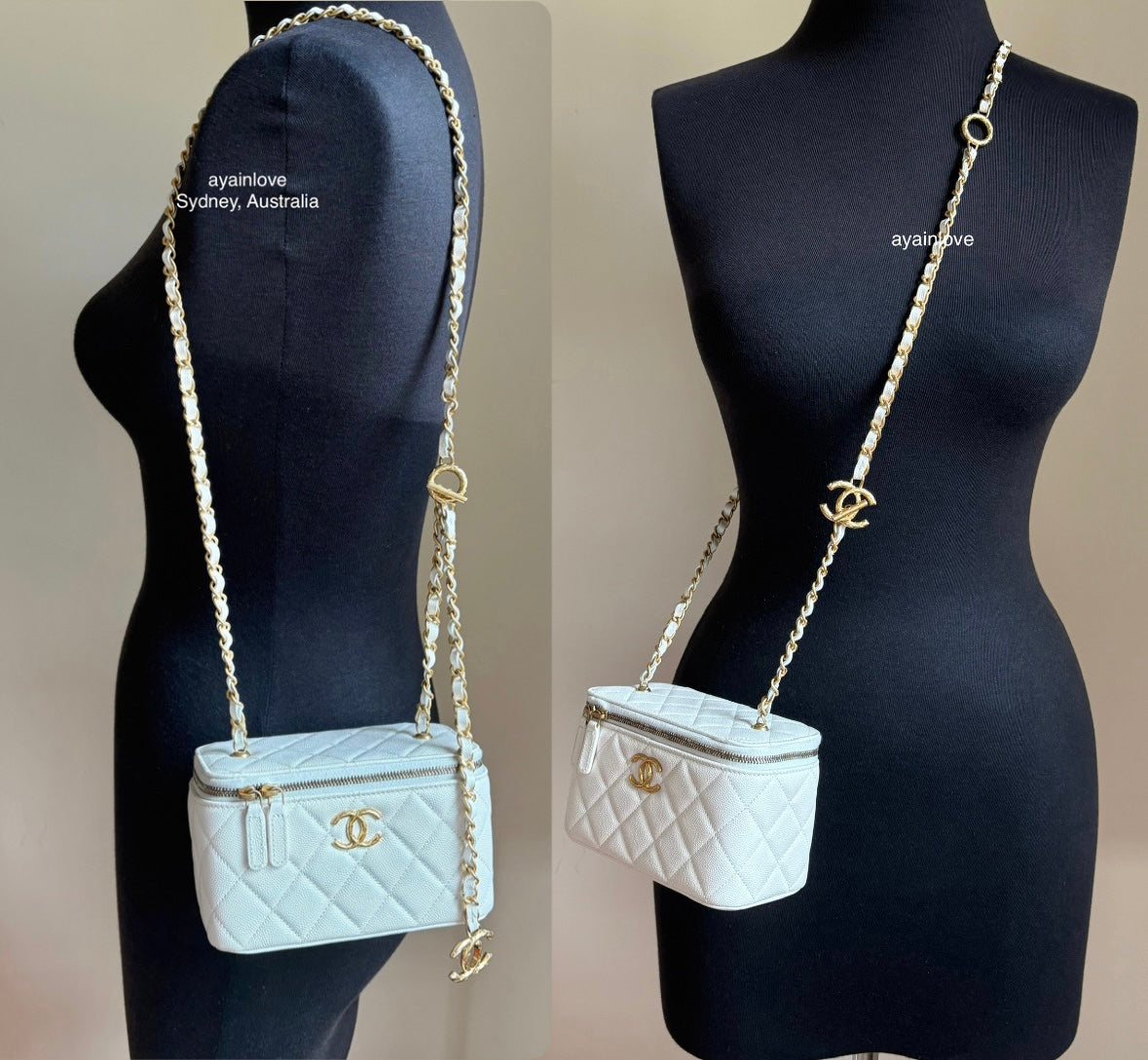 CHANEL Iridescent White Caviar Rectangular Vanity on Adjustable Chain Strap Oversized CC Gold Hardware