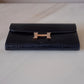 HERMES Constance Blue Marine Shiny Alligator Bicolor Verso Cuivre Long Wallet To Go Rose Gold Hardware