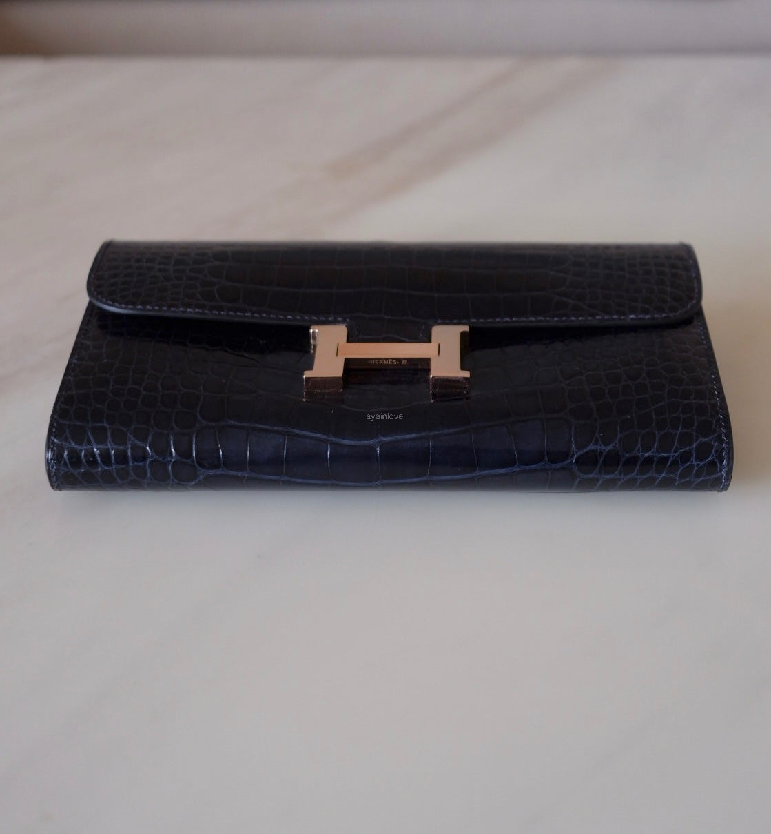HERMES Constance Blue Marine Shiny Alligator Bicolor Verso Cuivre Long Wallet To Go Rose Gold Hardware