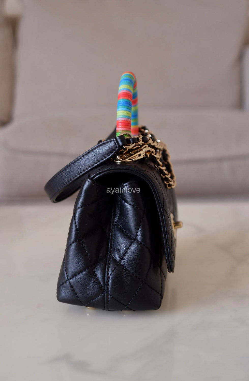 CHANEL Black Goatskin Coco Rainbow Handle Extra Mini 19cm Bag Light Gold Hardware