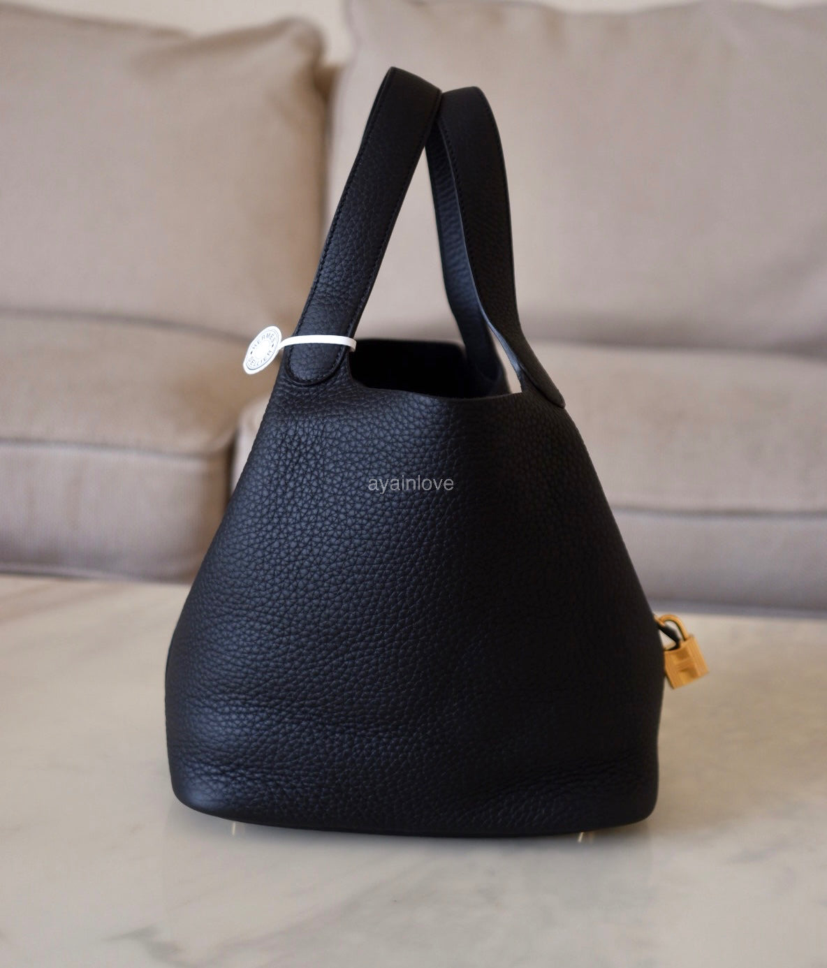 HERMES Picotin Lock 22 Black Noir Taurillion Clemence Gold Hardware K Stamp