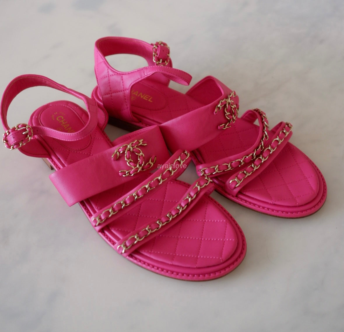 CHANEL 20C Fuchsia Pink Chain Lambskin Sandals CC Gold Hardware Size 41