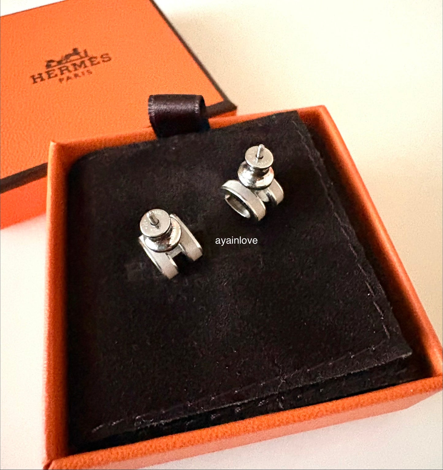 HERMES H Pop Mini Grey Maroon Glace Stud Earrings Palladium Hardware