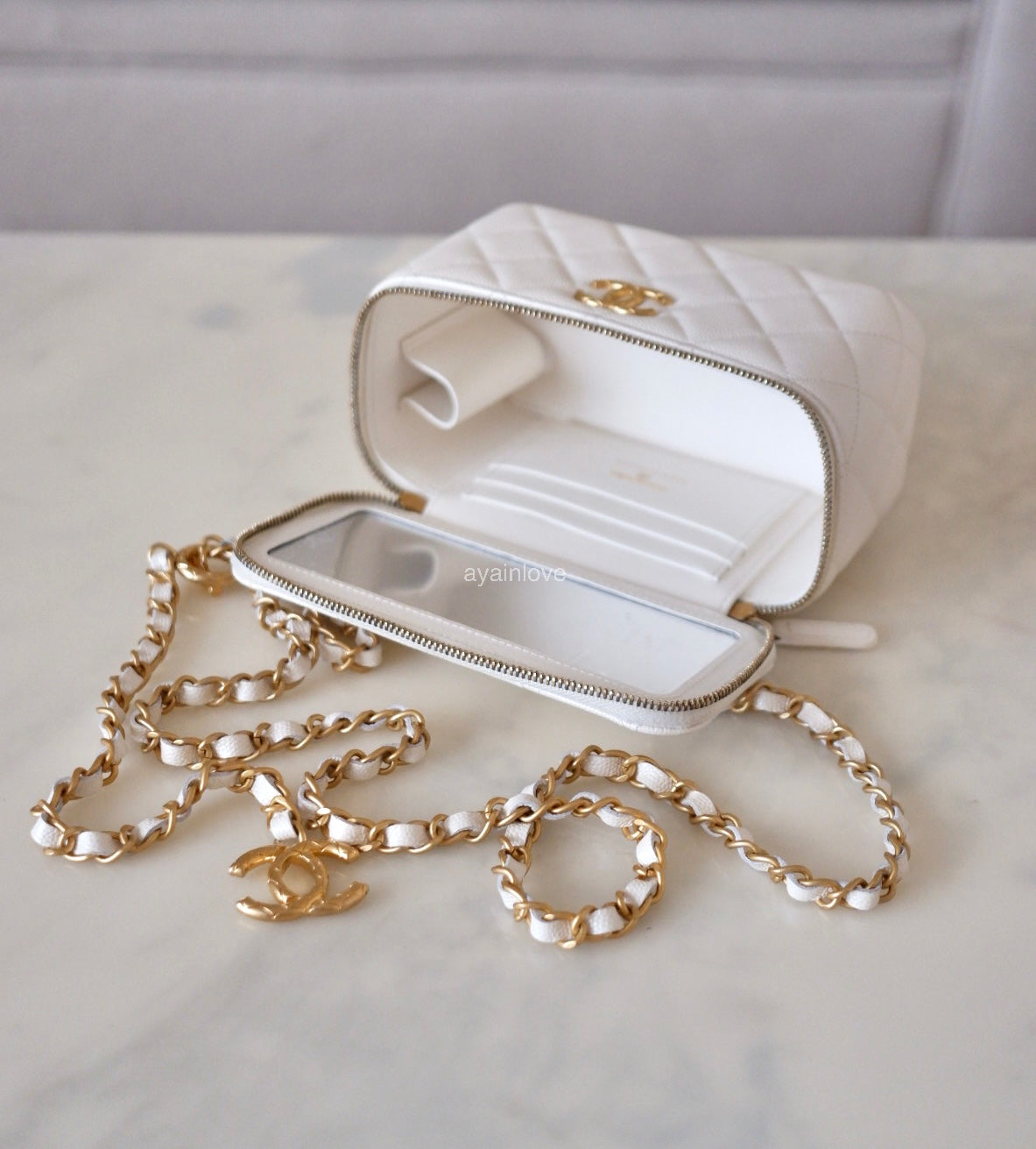 CHANEL Iridescent White Caviar Rectangular Vanity on Adjustable Chain Strap Oversized CC Gold Hardware