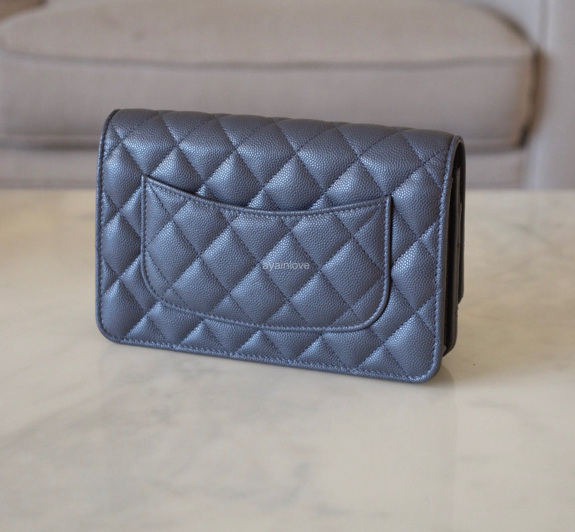 CHANEL 23K Dark Grey Caviar Camellia CC Wallet On Chain *Microchipped* Brushed Gold Hardware