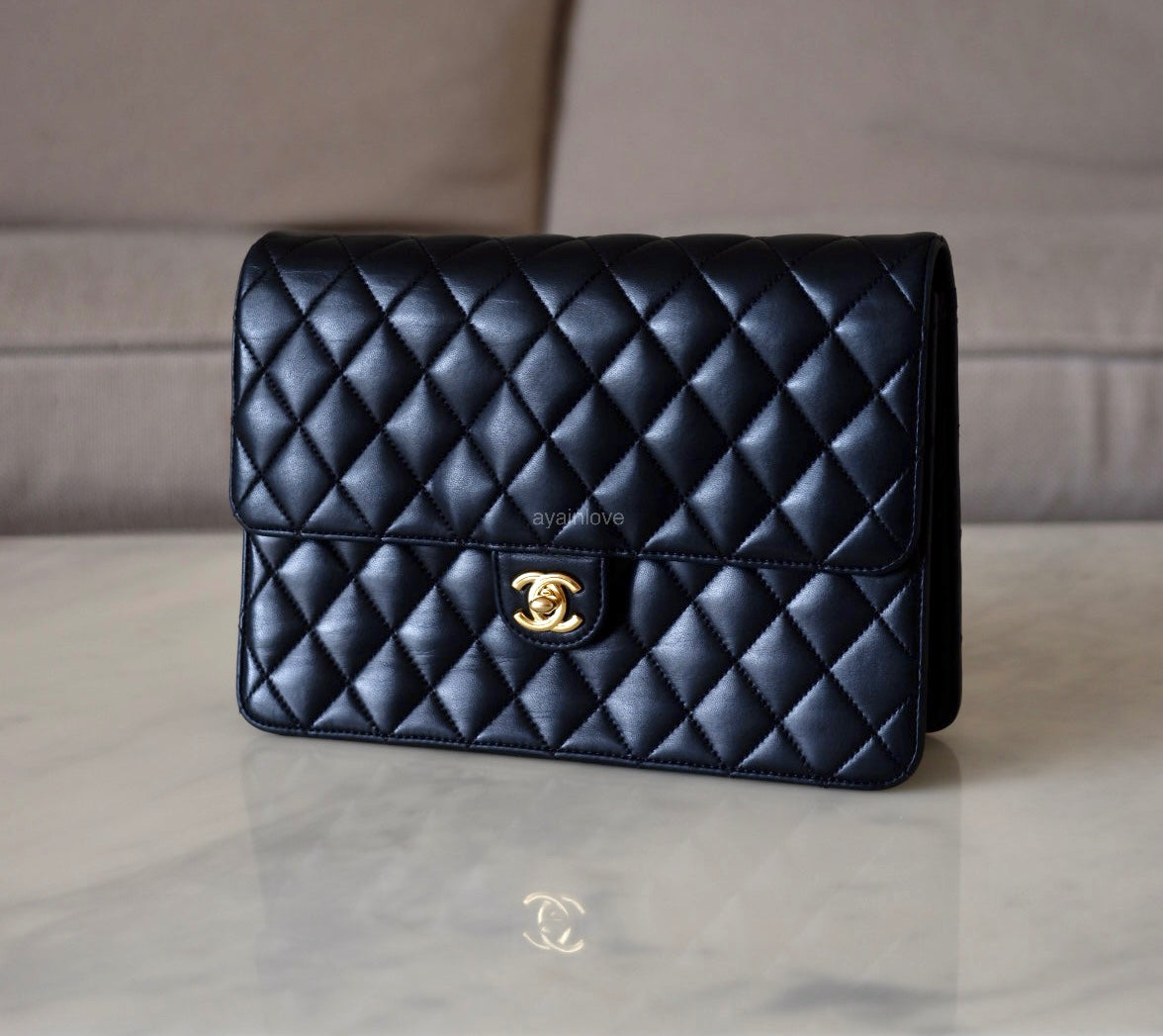CHANEL Black Lambskin Turnlock Quilted Medium Half Flap Bag Gold Hardware