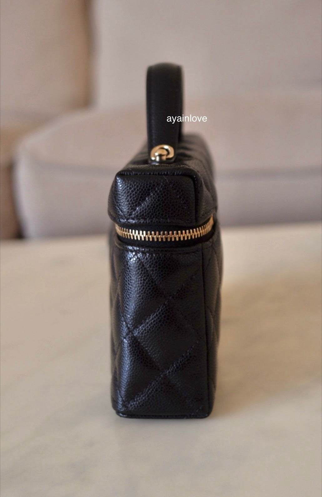 CHANEL Black Caviar Top Handle Flat Vanity on Chain Light Gold Hardware