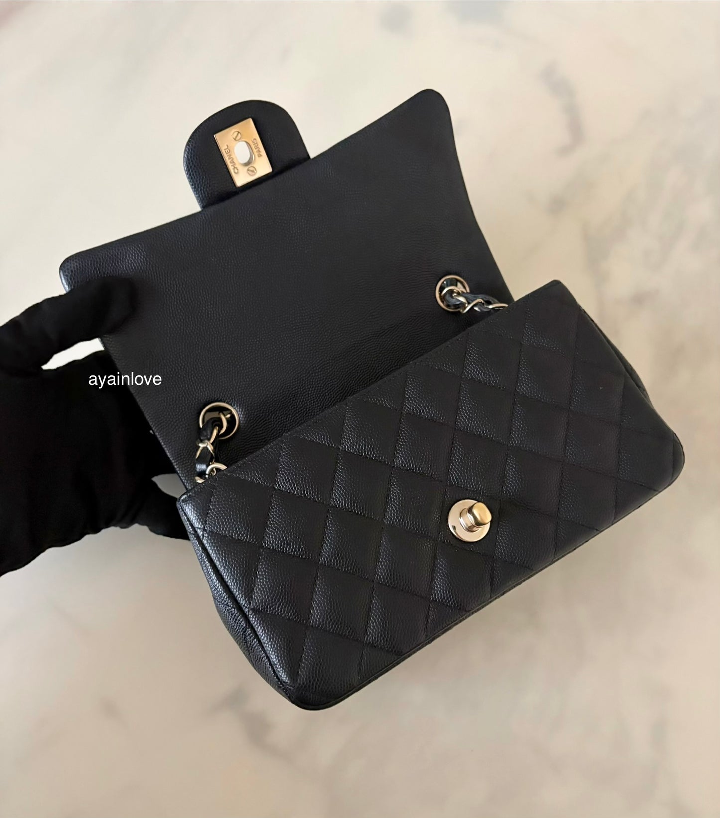 CHANEL 18B Black Caviar Quilted Rectangular Mini Flap Bag Light Gold Hardware