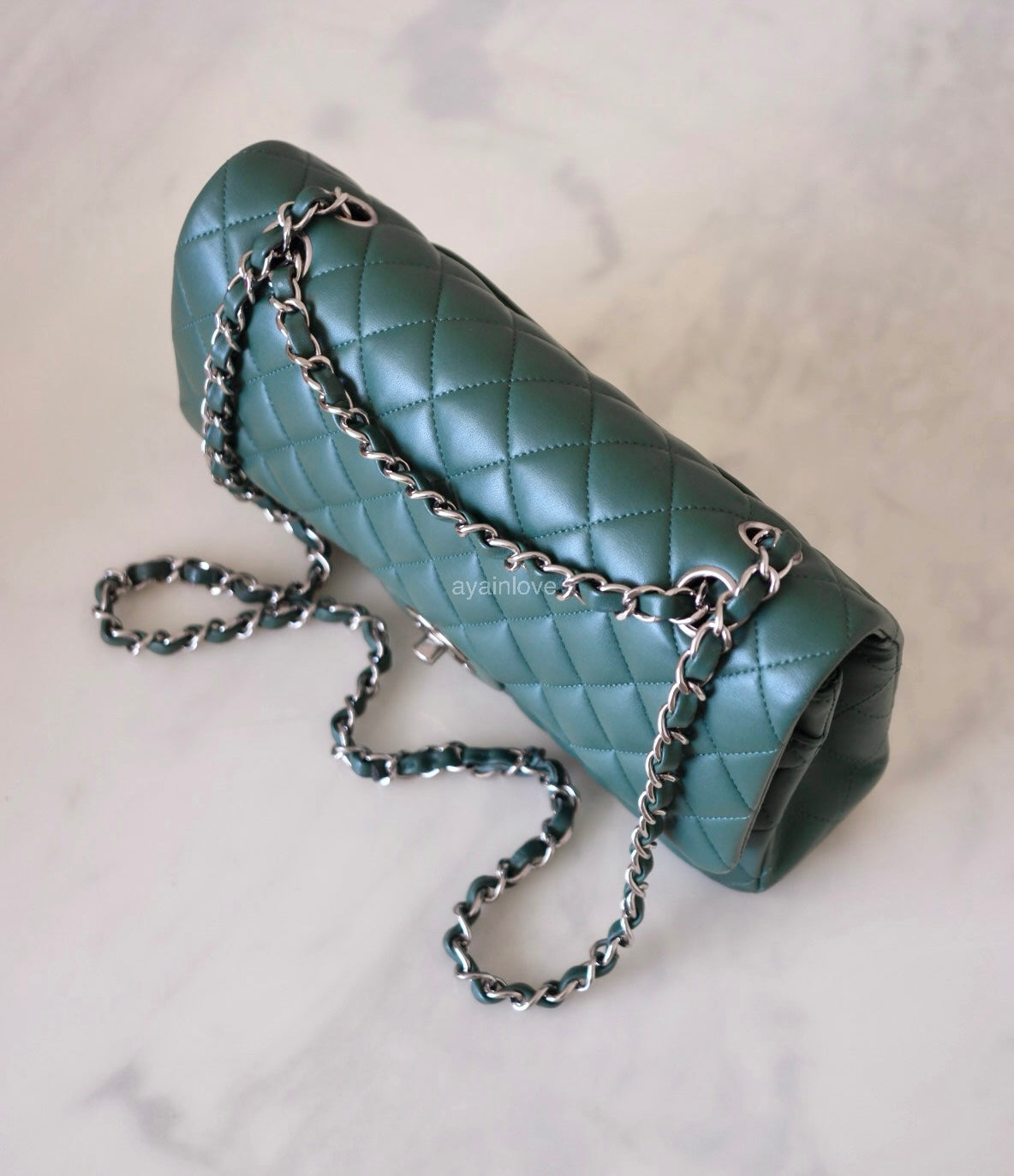 CHANEL Dark Green Lambskin Medium/Large Classic Flap Silver Hardware