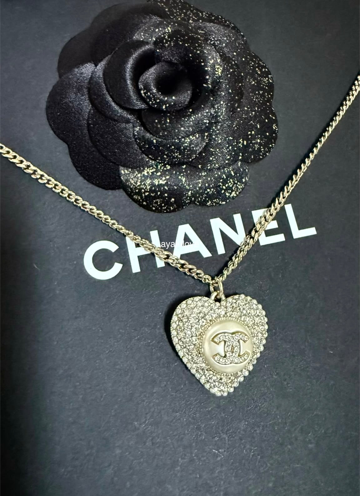 CHANEL 22B Heart Pearl Crystal CC Necklace Light Gold Hardware