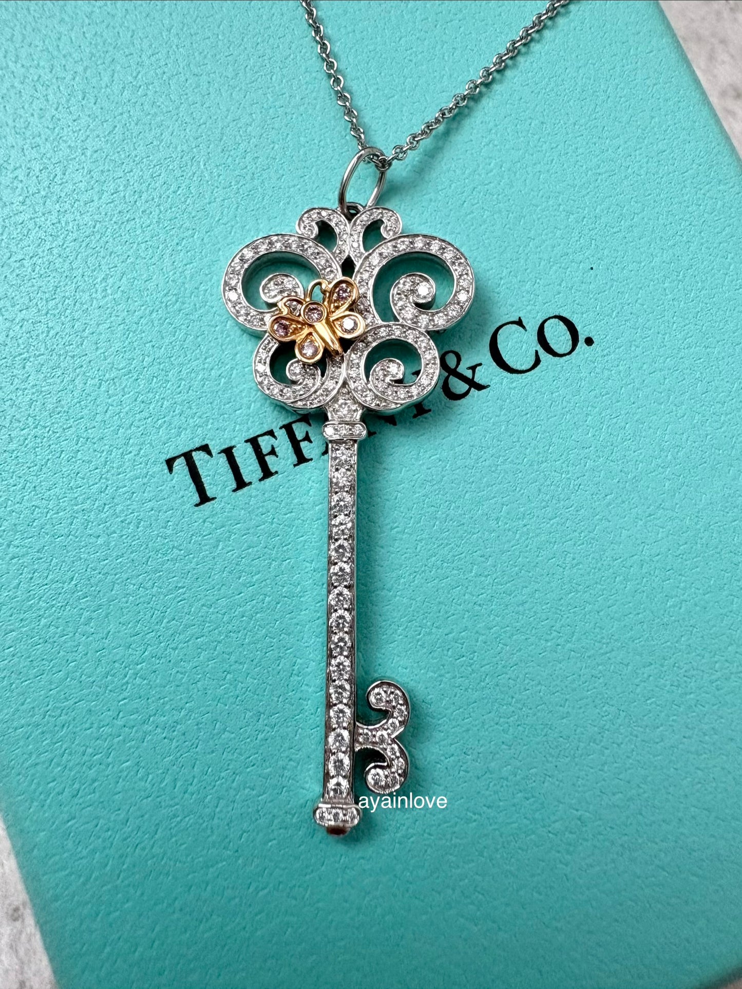 TIFFANY & CO Enchant Butterfly Key Pendant Necklace 950 Platinum White Diamonds and 18KT Rose Gold Pink Diamonds