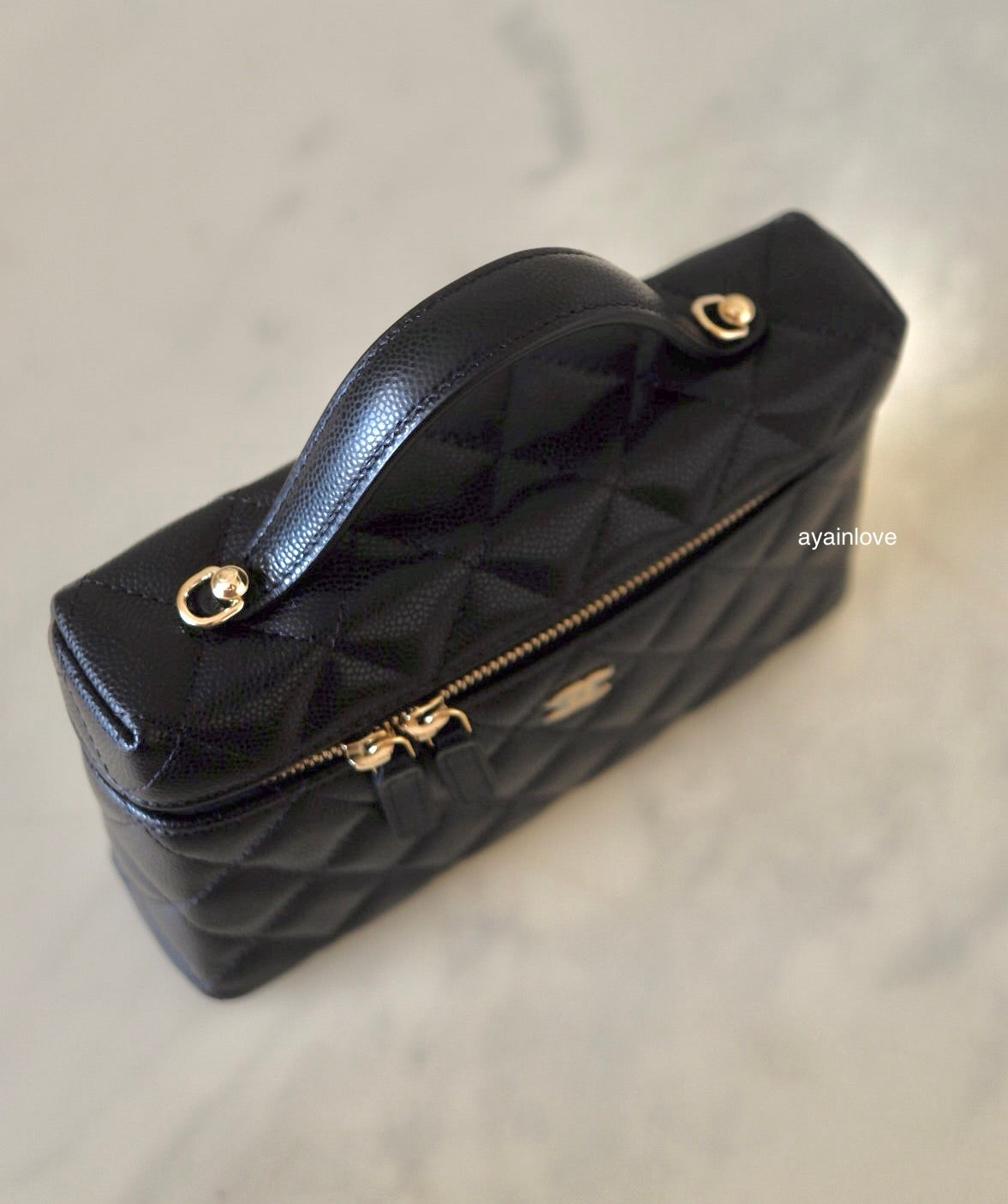 CHANEL Black Caviar Top Handle Flat Vanity on Chain Light Gold Hardware