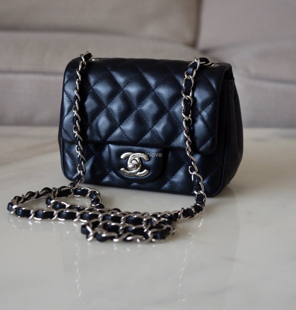 CHANEL Black Classic Quilted Square Mini Flap Bag Silver Hardware